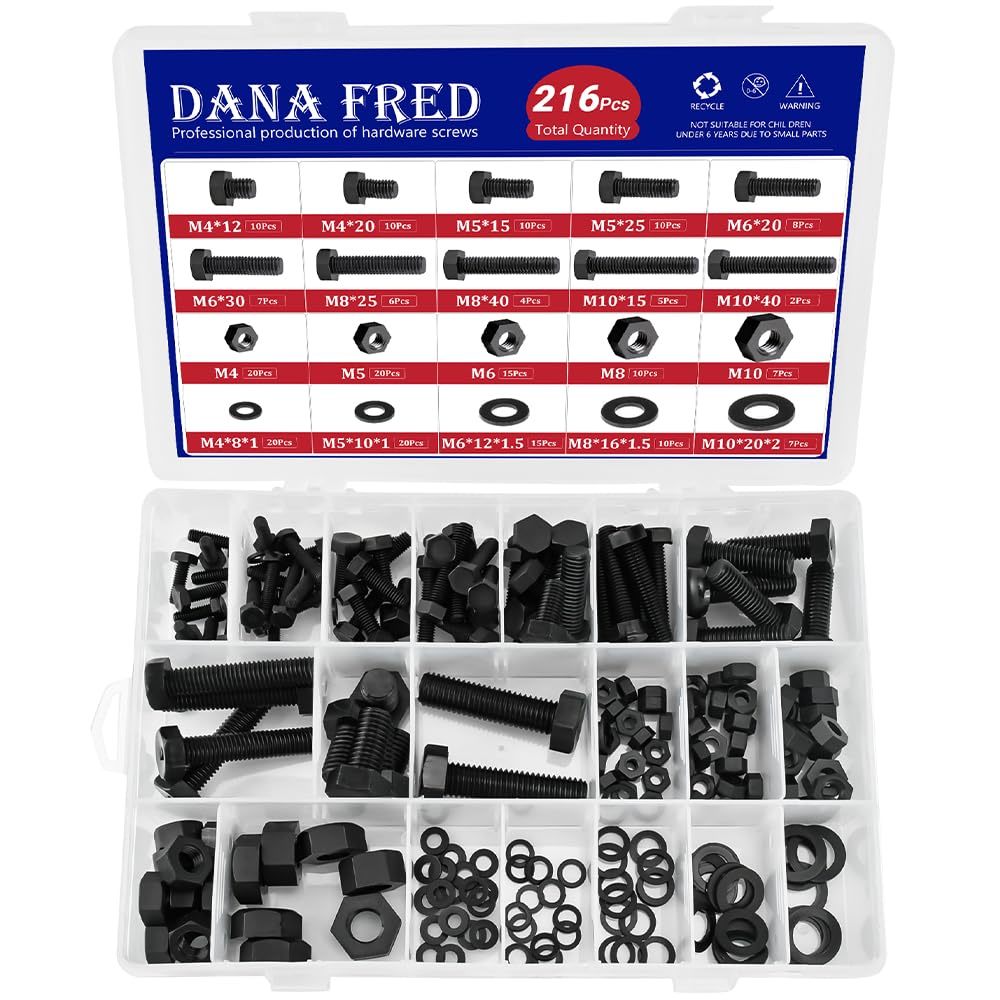 216Pcs Black Nylon Hex Screw Nut Washer Kit,M4 - M10 Black Plastic Hexag... - $26.98