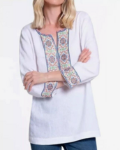 New John Mark Women&#39;s Embroidered Sequin 3/4 Sleeve Linen Tunic White Large - $69.29
