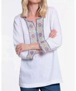 New John Mark Women&#39;s Embroidered Sequin 3/4 Sleeve Linen Tunic White Large - $94.76 CAD