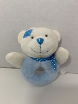 Houdini Inc small plush teddy bear rattle blue white polka dots - $6.17