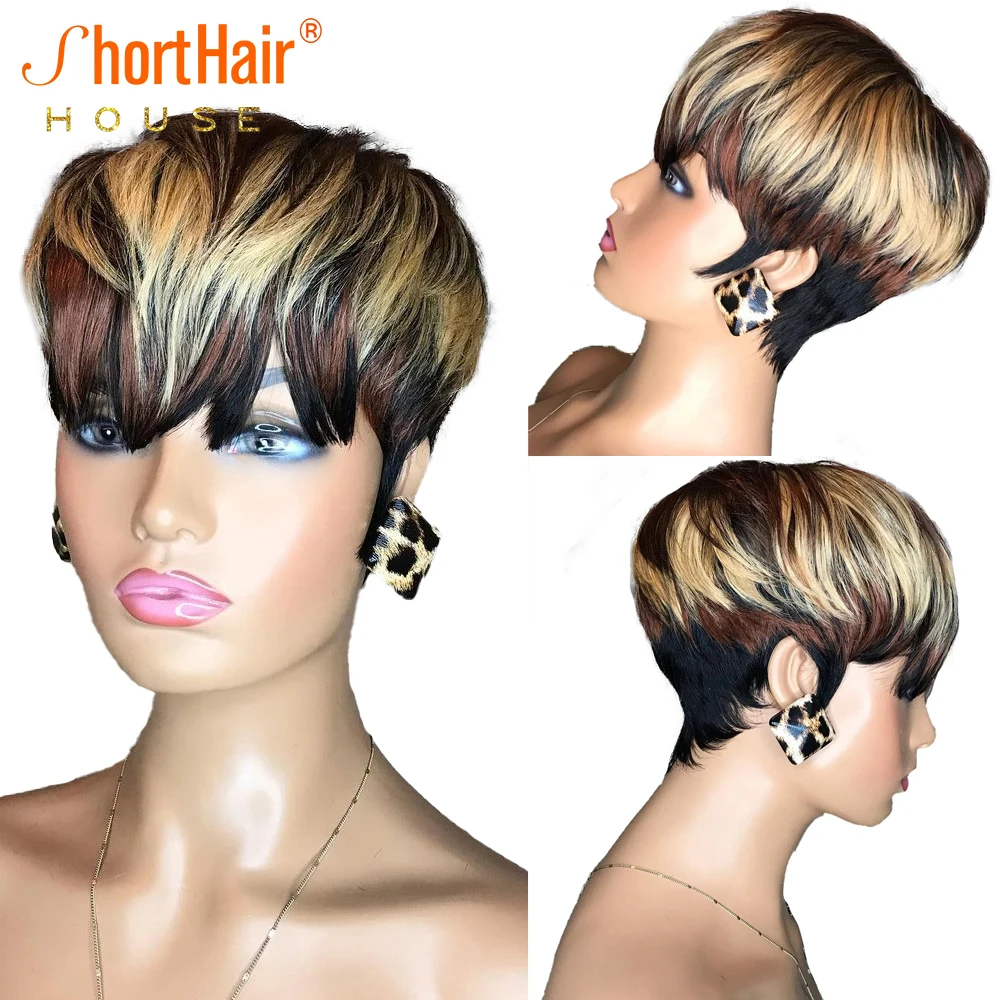 #27 Color Highlight Short Cut Bob Human Hair Wigs With Natural Bangs For Women - £41.93 GBP+
