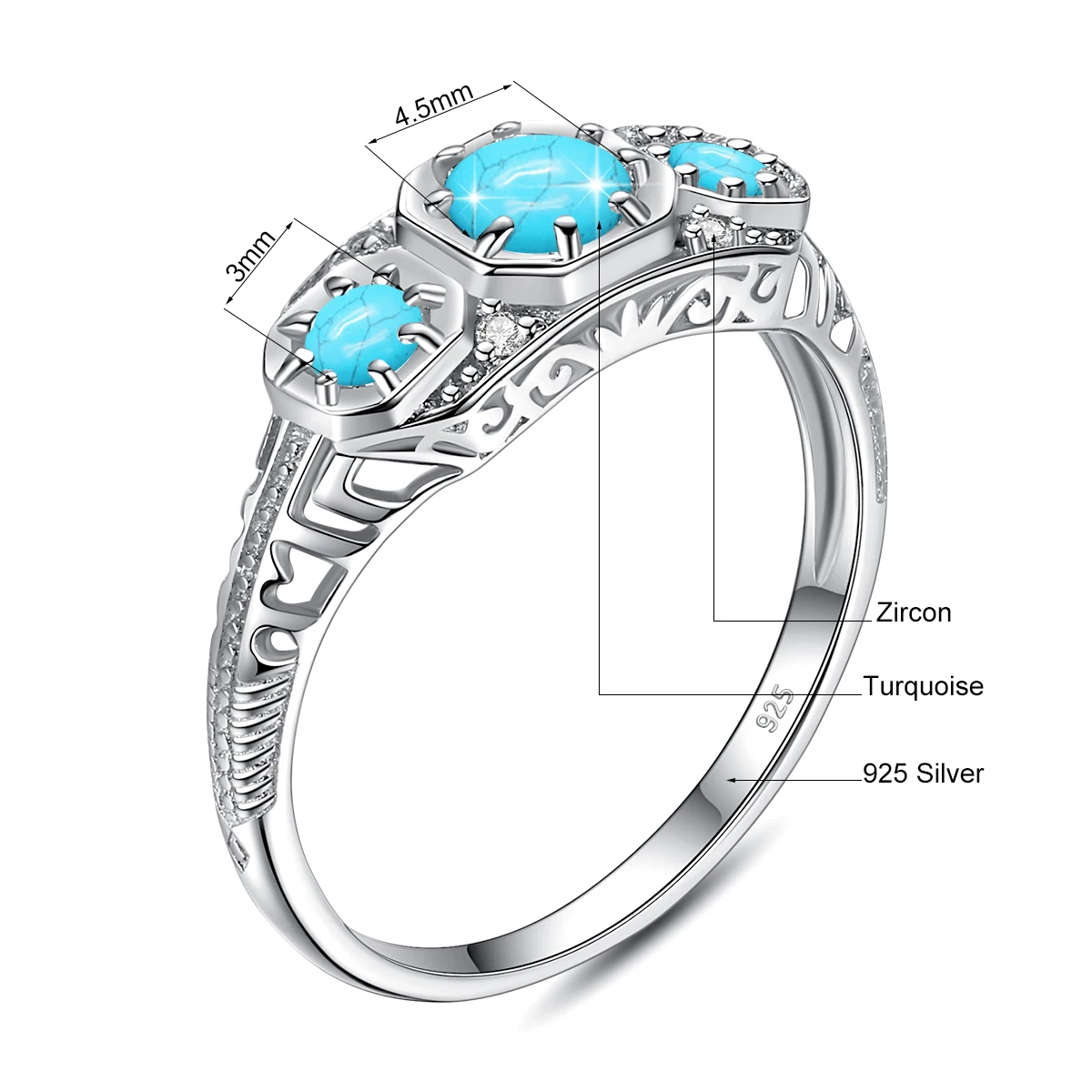Silver 925 Real 3 Stone Turquoise Rings For Women Wedding Party Anniversary Gift - $56.24