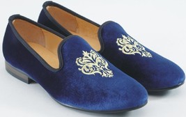 Made To Order Classic LOAFER Blue Embroided Real Suede LEATHER Men Wedding Shoes - £102.14 GBP