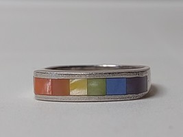 Colorful Vintage Sterling Silver Multiple Color Inlay Rainbow Ring Size 6 - £95.92 GBP