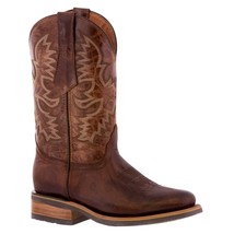 Mens Western Cowboy Boots Cognac Real Leather Classic Rodeo Roper Toe Botas - £79.00 GBP