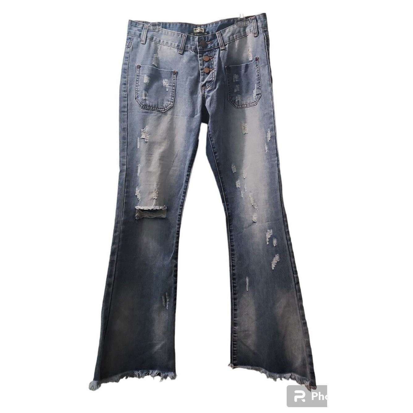 Top Trends Denim Flare Jeans Distressed Frayed Hem Button Fly Light Wash 32 - £12.49 GBP
