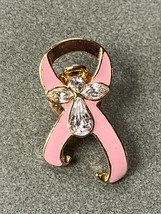 Pink Enamel &amp; Goldtone Ribbon for a Cause Breast Cancer w Clear Rhinestone Angel - £8.94 GBP