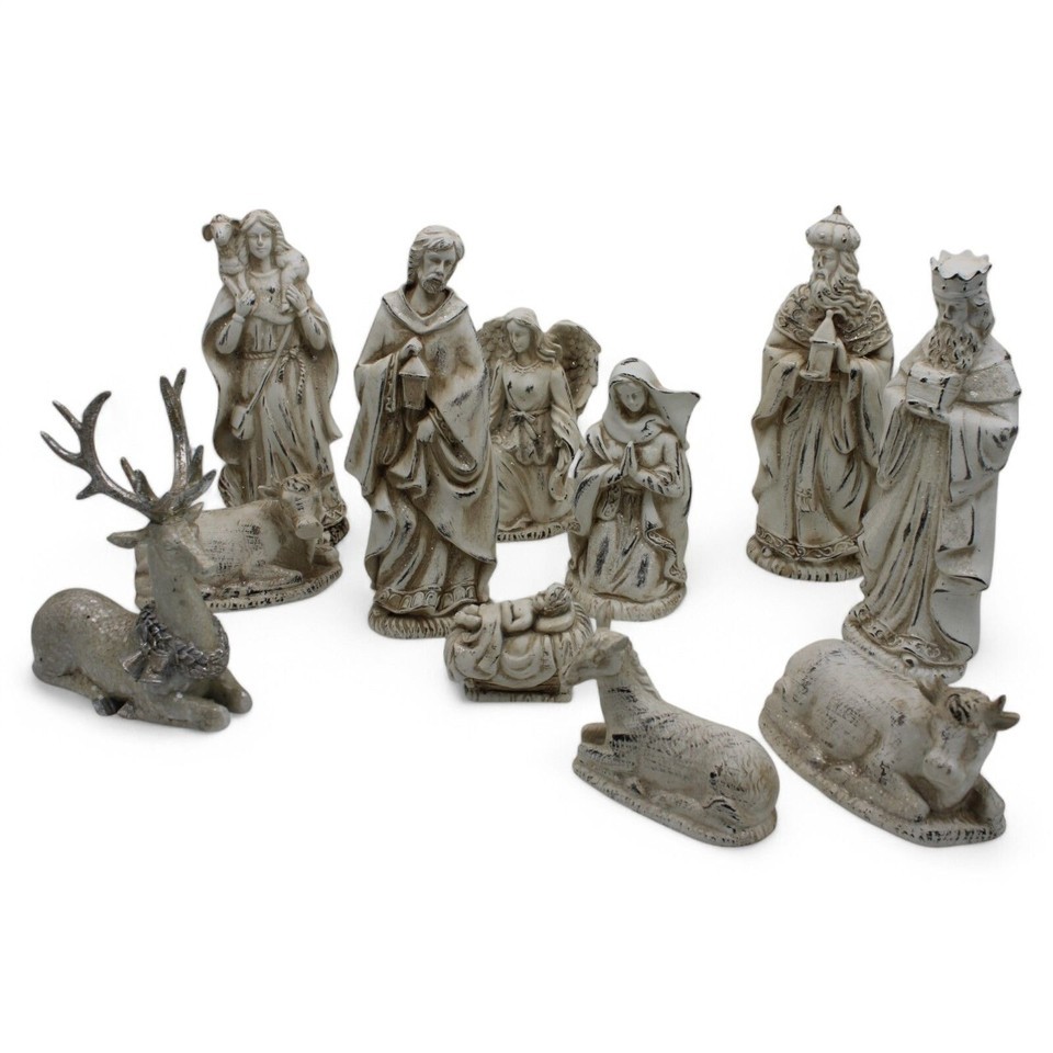 Resin Nativity Set 12-Piece Whitewashed Holy Family &amp; Accessories Figurines - $99.99