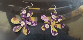 Faux Leather Dangle Earrings (New) Purple Flower #3 - £4.45 GBP