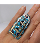 Turquoise Inlay Native American Indian Zuni Ring Large Turquoise Silver ... - $1,280.80