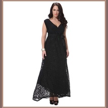 Long Plus Size Sleeveless Black Lined Lace Maxi W/ Ribbon Tied Empire Waist Gown