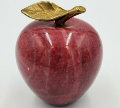 Polished Stone Marble Apple Paperweight w/ Brass Stem Leaf 3&quot; Cherry Red Teacher - £19.54 GBP