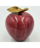 Polished Stone Marble Apple Paperweight w/ Brass Stem Leaf 3&quot; Cherry Red... - $471.03 MXN