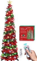 6 FT Pop Up Tinsel Christmas Tree with 100 Multicolor Timer Lights Remot... - £77.00 GBP