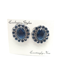 NWT Blue Crystal Rhinestone Floral Filigree Earrings Clip-On Clasp Vintage - £17.21 GBP