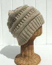 NEW Beige Knit Confetti Beanie Hat Stretchy Soft Warm Baggy Skull Cap # L - £6.08 GBP