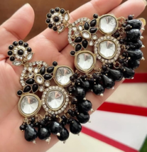 Bollywood Style Gold Plated Indian Fashion Earrings Black CZ Jewelry Set - £22.35 GBP
