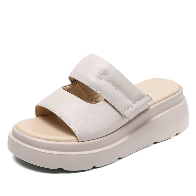 Summer Platform Slippers Women Wedges Heel Open Toe Genuine Leather Outside Slip - £62.26 GBP