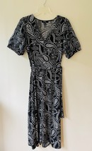 MSK Sz XL Front V Neck Maxi Dress Paisley Black Stretch Belted - $313.20 MXN