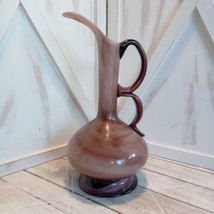 VTG Vase Pitcher Handblown White/Brown  Swirl Art Glass Applied Handle 1... - £13.95 GBP