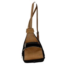 Vintage Leather Black And Brown Backpack With White Stitching Lots Of Pockets - £19.56 GBP