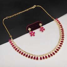 Indian Style Gold Plated Ruby Bollywood Style Delicate Necklace CZ Jewelry Set - £15.22 GBP