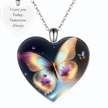 Butterfly Puffed Heart Pendant Necklace-New-&quot;I Love You Today, Tomorrow, Always&quot; - £13.53 GBP