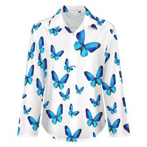 Mondxflaur Blue Butterfly Women Long Sleeve Shirt Summer Elegant Fashionable - £19.17 GBP