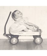 Vintage Girl in Wagon Snapshot, Black and White Photo of Adorable Toddler Playin