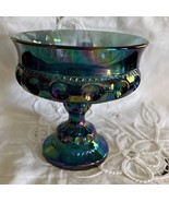 1960 Indiana Glass Pedestal Compote Blue Iridescent Carnival Glass King&#39;... - $26.40 CAD