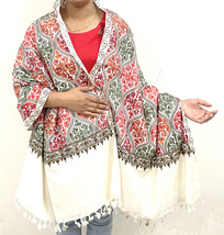 Women Kashmiri White Color Stole Paisley Flower Embroidered Wool Shawl Cashmere - £63.14 GBP