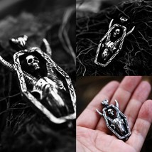 Mens Silver Baphomet Goat Skull Coffin Pendant Gothic Necklace Stainless Steel - £9.58 GBP