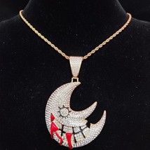 Men Women Hip Hop Moon Pendant Necklace With 13mm Crystal Cuban Chain HipHop Ice - £36.28 GBP