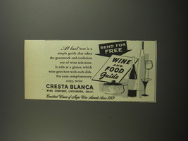 1952 Cresta Blanca Wine Ad - Send for free Wine and Food Guide - £14.53 GBP