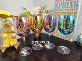 Easter Pastel Bunny Rabbit Mirrored Gold Pink Yellow Wine Glasses Set of 4 - £62.94 GBP