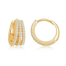 Gold Plated Sterling Silver Triple Row Clear CZ Small Hoop Earrings - £30.29 GBP