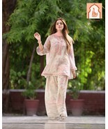 Light Pink Floral Print Suit Set for Women, Party Wear Georgette Top wit... - $45.00
