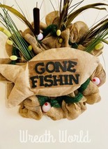 GONE FISHING WREATH NEW HANDMADE FISH LOVER LAKE FISHERMAN NEUTRAL COLORS - $67.68