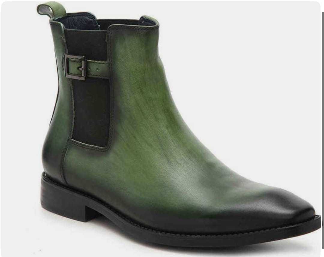 Men Green Chelsea Burnished Derby Toe Buckle Strap High Ankle Real Leather Boots