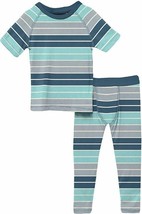 Nwt Boys Kickee Pants Sport Stripe AQUA/NAVY/GREY Stripe S/S Pajama Set Size: 5 - £21.88 GBP