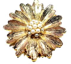 Vintage Gold Color  with Faux Pearls GERRY&#39;S  Flower Brooch signed - $15.99