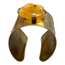 Vintage Brass Cuff Wide Statement Bracelet With Yellow Stone Carnelian MCM - £29.51 GBP