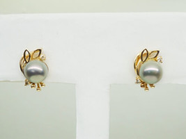 Genuine Akoya Grey Pearl Diamond Accent Leaf Stud Earrings 14k Gold - £191.01 GBP