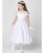 Girls White First Communion Dress w/ Lace Bodice &amp; Tulle Skirt (190) - $197.69
