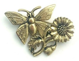Signed 1995 BG Bergdorf Goodman Gold Tone Butterfly Flower Brooch Pin - £22.07 GBP