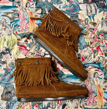 Vtg 80s 90s Minnie Tonka Western Brown Suede High Top Boots Fringe Moccasin Sz 8 - £26.64 GBP