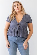 Plus Denim Blue Ribbed U-shape Neck Flare Hem Tie Top 1XL - £18.94 GBP+