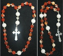  Episcopal Anglican Rosary Red Fire Crackeld Agate, White Jade &amp; Sterling Silver - £91.56 GBP