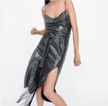 Zara Party Dress XS Silver Sequins Cowl Slip Midi Belt Fringe Tie Sash S... - £21.02 GBP