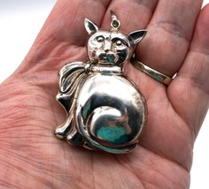 Vintage Large Puffy Kitty Cat w/ Bow Pendant Sterling Silver 925 - £35.47 GBP